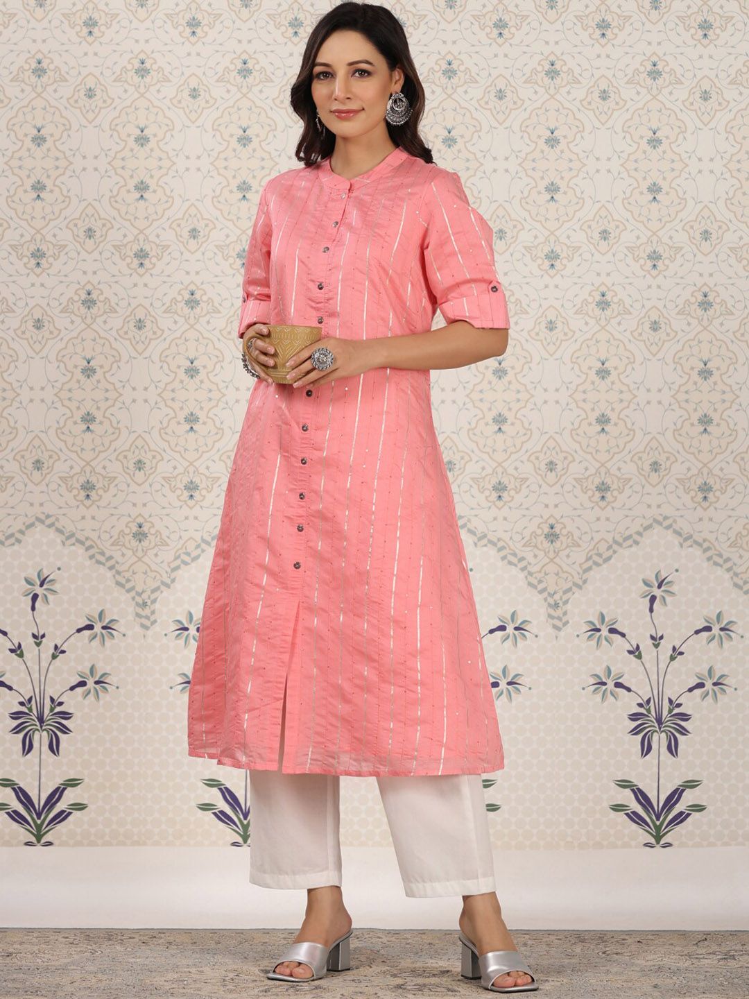 Dhiyona OD  Striped Gotta Patti Sequinned A-Line Kurta