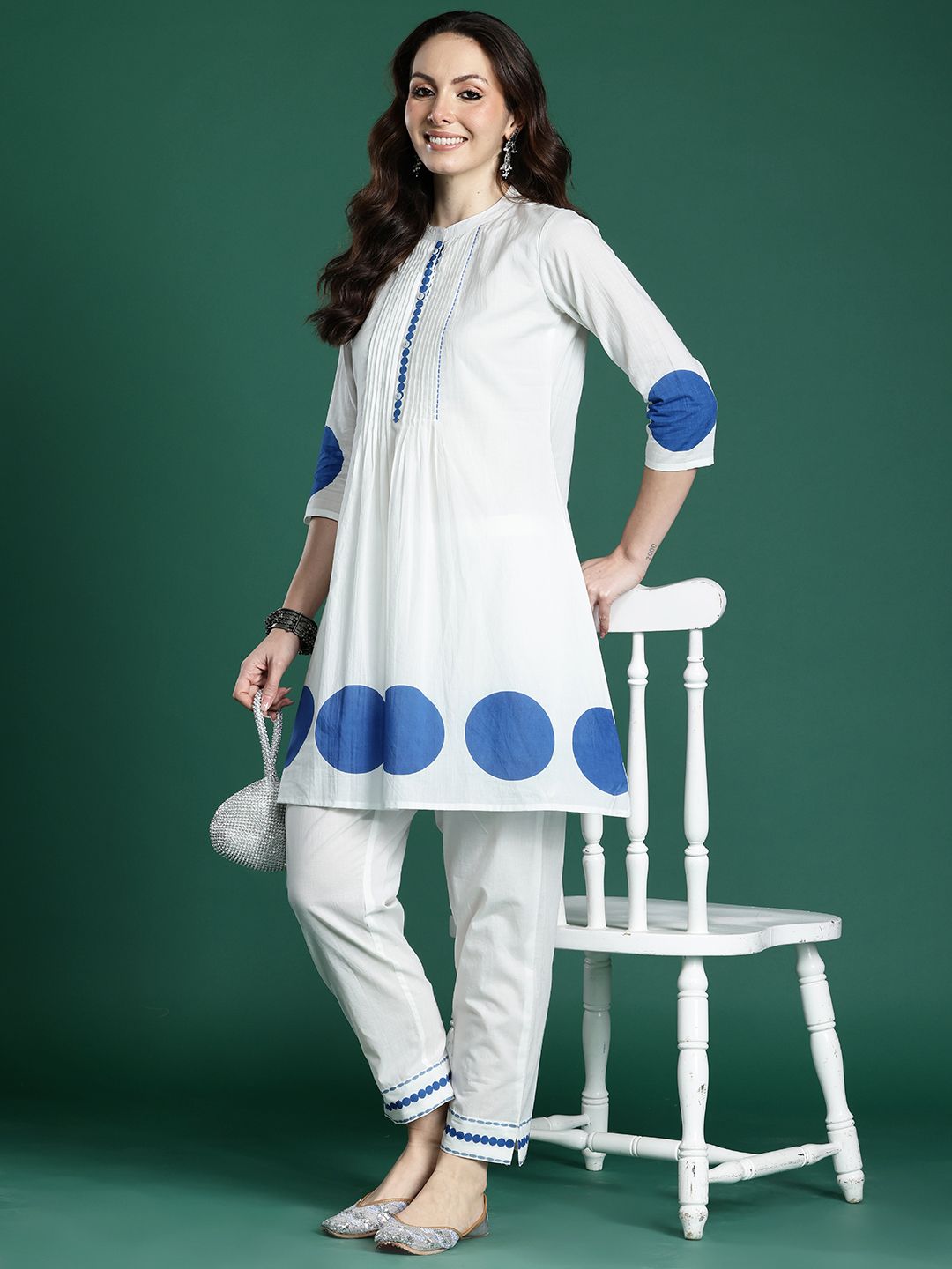 Dhiyona IE Printed PleatedPure Cotton Kurta with Trousers