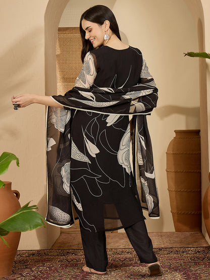 Printed Straight Kurta & Trousers With Dupatta