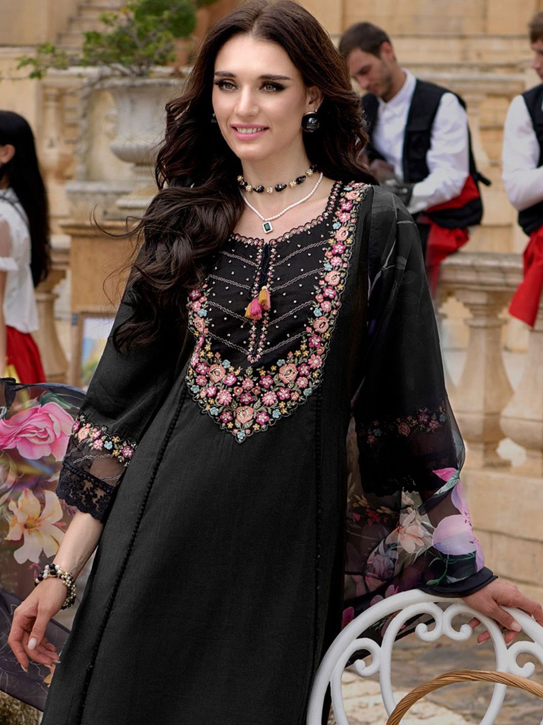 Floral Yoke Design Thread Work A-Line Kurta With Trousers & Dupatta