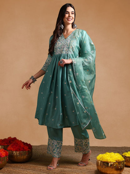 Dhiyona KL Floral Embroidered Pleated Thread Work Kurta with Palazzos & Dupatta