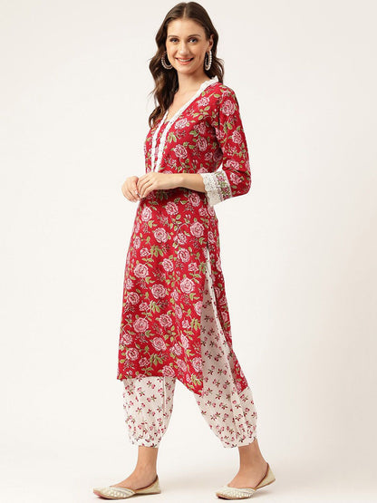 Dhiyona KL Floral Printed V-Neck Pure Cotton Kurta With Salwar & Dupatta