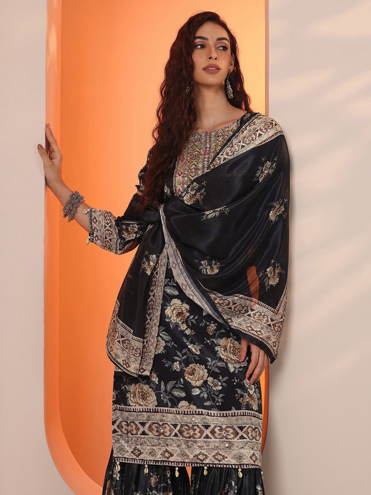 Floral Embroidered Round Neck Mirror Work Straight Kurta & Sharara And Dupatta