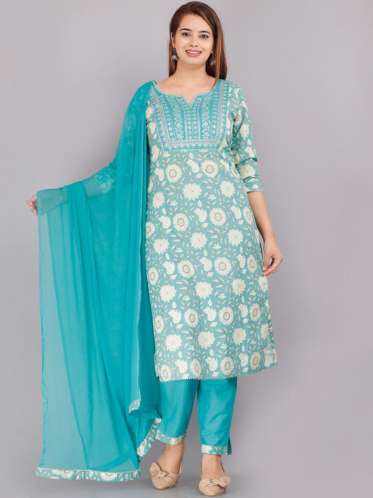 Dhiyona KL Women Blue Ethnic Motifs Printed Pure Cotton Kurta with Trousers & With Dupatta