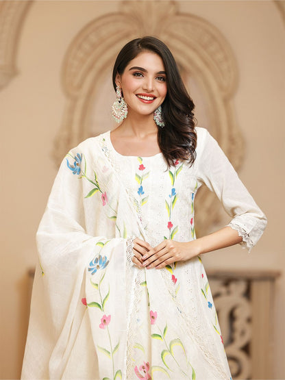 Dhiyona IS Women's Floral Embroidered Pure Cotton A-Line Kurta With Trouser & Dupatta
