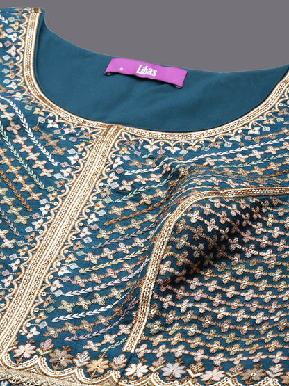 Dhiyona LL Teal & Gold-Toned Embroidered Sequinned Pure Silk Kurta with Sharara & Dupatta