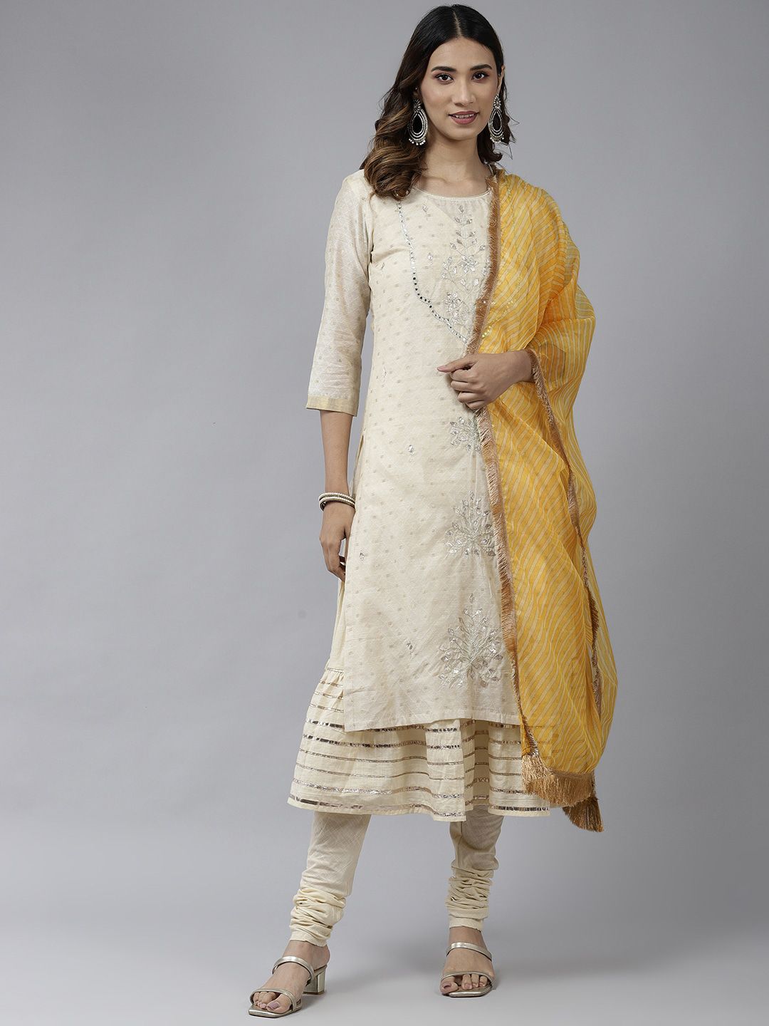 Dhiyona RR Women's Ethnic Motifs Embroidered Layered Mirror Work Chanderi Cotton Kurta Set