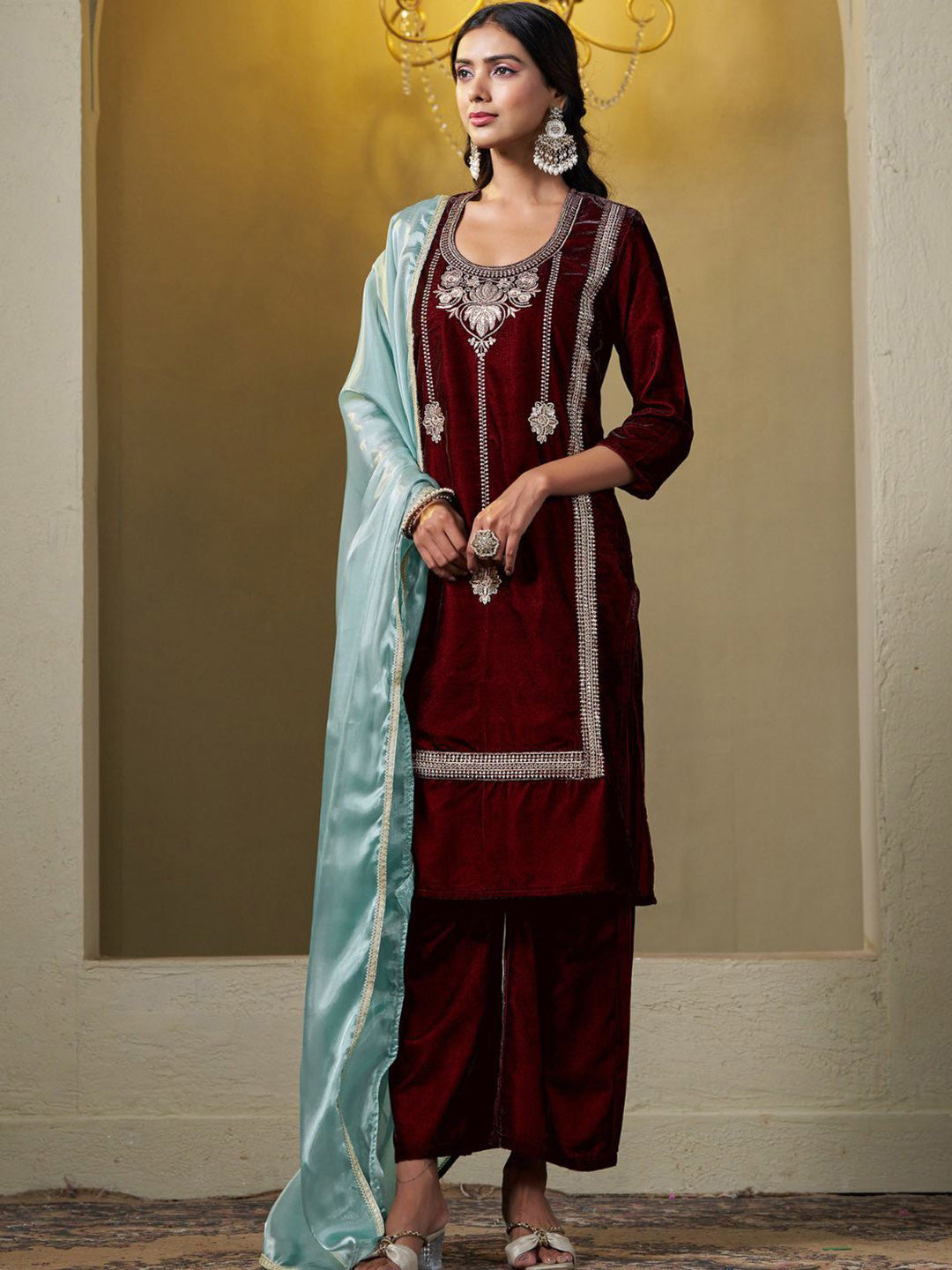 Women Velvet Embroidery Straight Kurta Pant With Dupatta Set