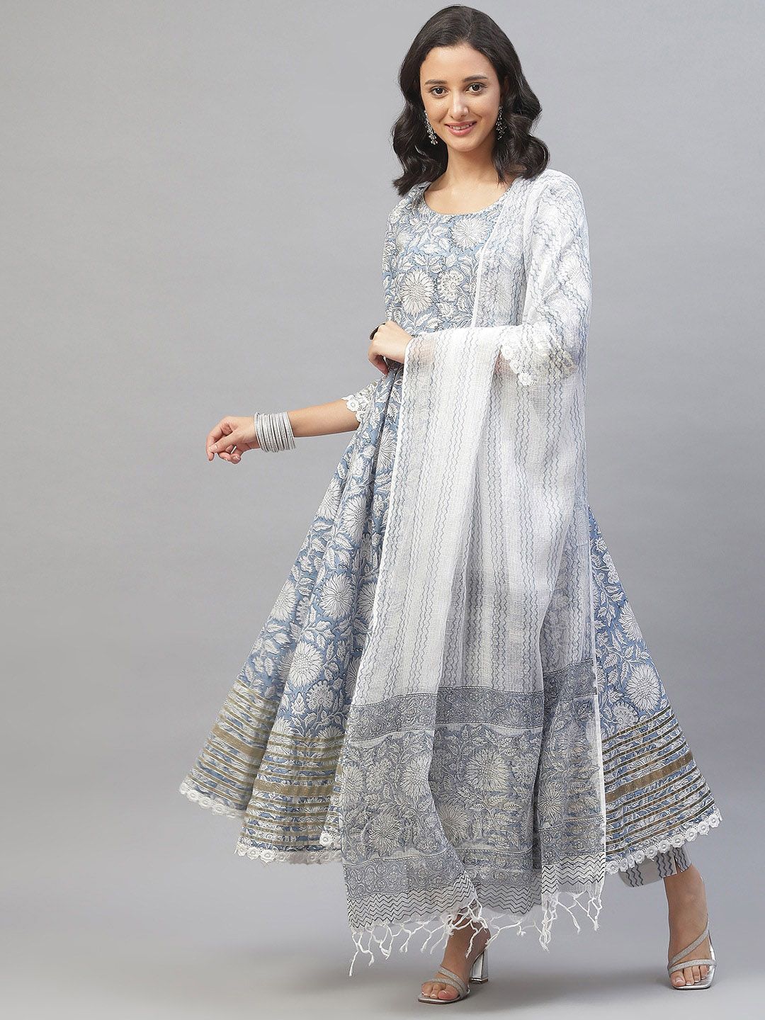 Dhiyona KL Floral Printed Gotta Patti Pure Cotton Anarkali Kurta With Trousers & Dupatta