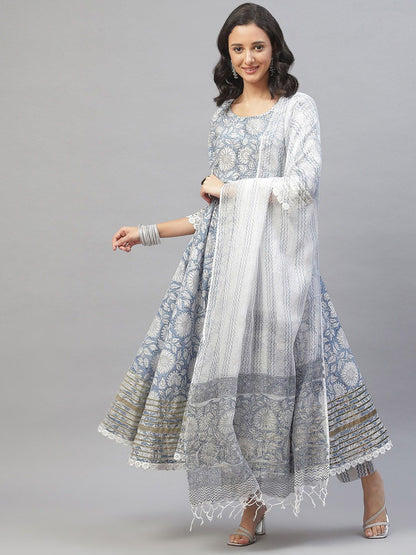 Dhiyona KL Floral Printed Gotta Patti Pure Cotton Anarkali Kurta With Trousers & Dupatta