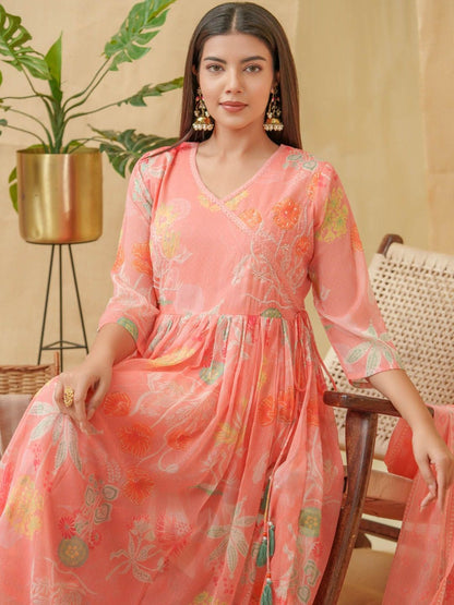Dhiyona SN Floral Printed Angrakha A-Line Kurta With Palazzos & Dupatta