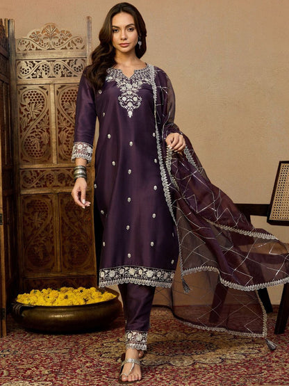 Dhiyona PD Women Women Embroidered Straight Kurta & Trousers With Dupatta Kurta Sets