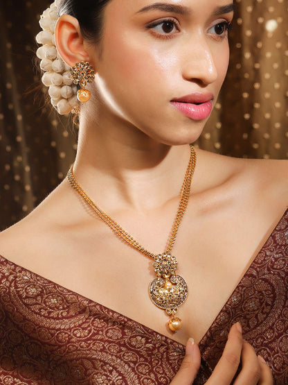 Dhiyona RJ Women's 22K Gold-Plated Kundan Studded Necklace Set with Pearl Drops and Multi-Strand Chain