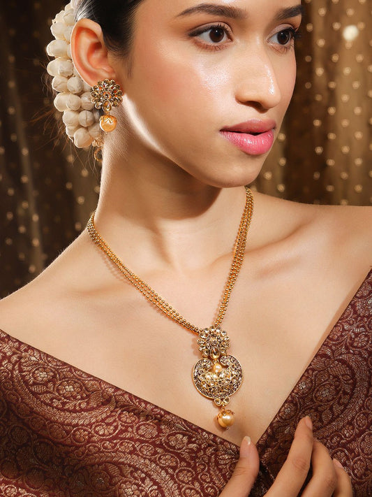 Dhiyona RJ Women's 22K Gold-Plated Kundan Studded Necklace Set with Pearl Drops and Multi-Strand Chain
