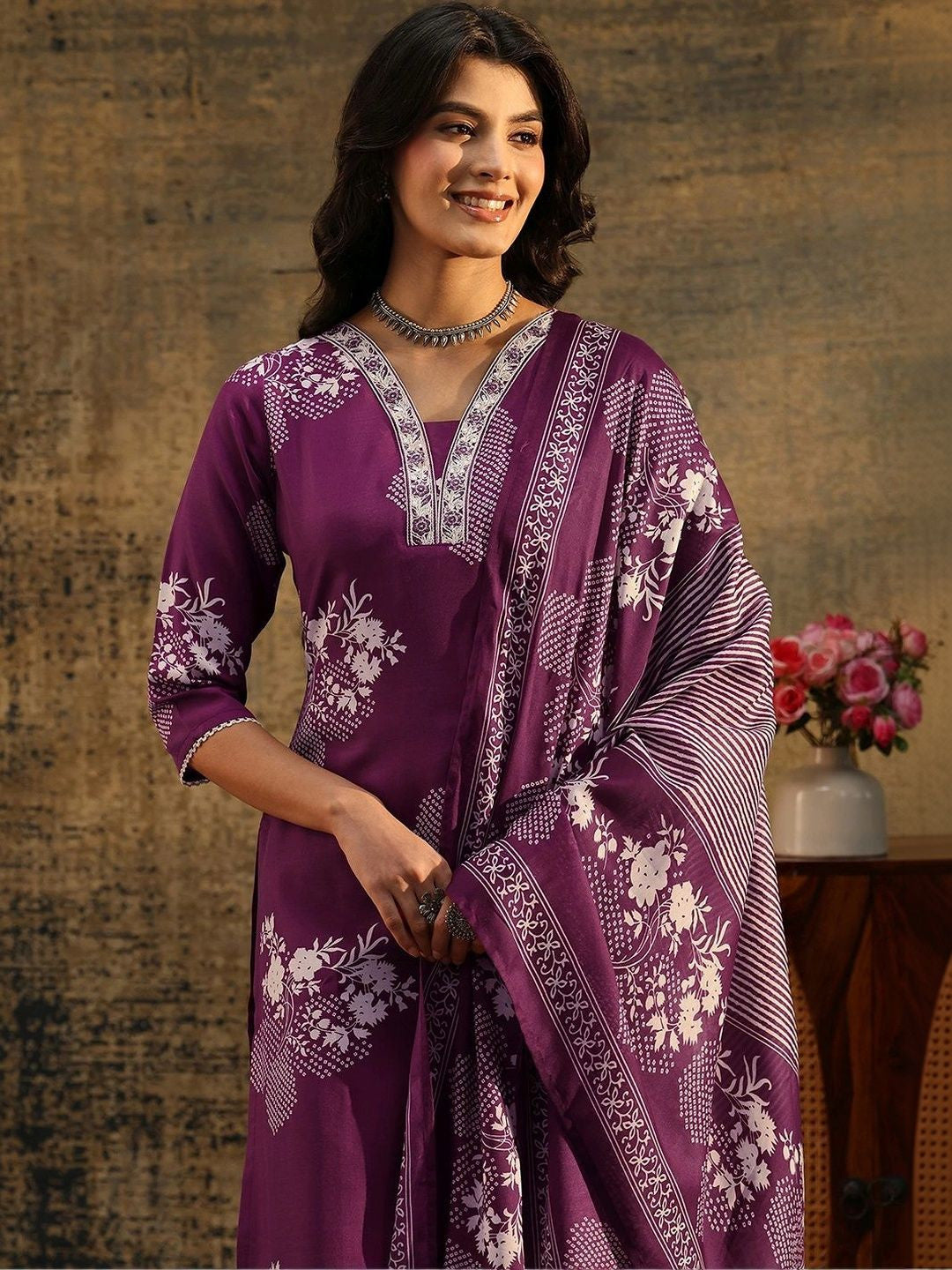 Burgundy Bandhani Cotton Blend Straight Suit Set