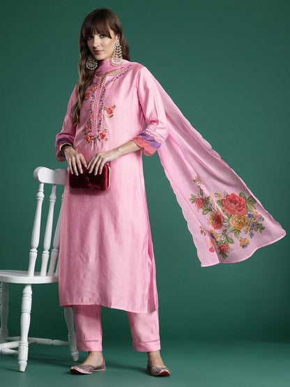 Floral Embroidered Thread Work Kurta with Trousers & With Dupatta