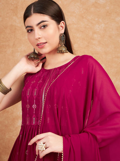 Dhiyona SN Pink Ethnic Motifs Embroidered Sequined Straight Kurta & Palazzo With Dupatta Set