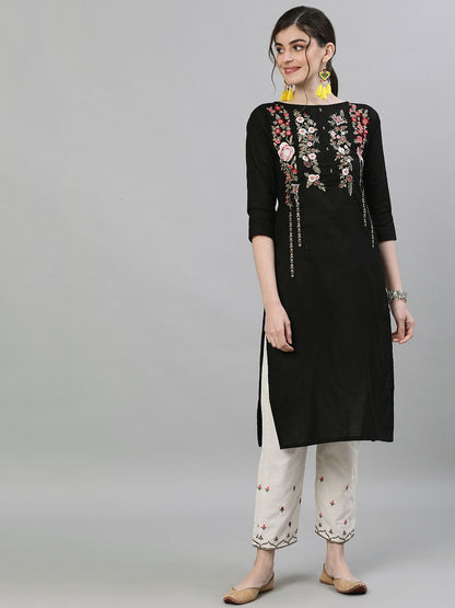 Dhiyona IS Women's Women Black & Off-White Embroidered Kurta with Trousers