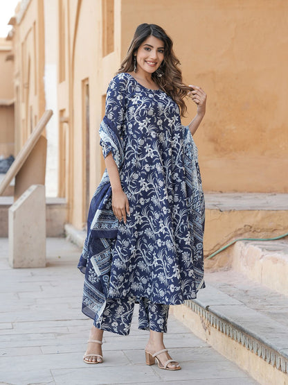 Dhiyona KL Floral Printed Pure Cotton Anarkali Kurta with Trousers & Dupatta