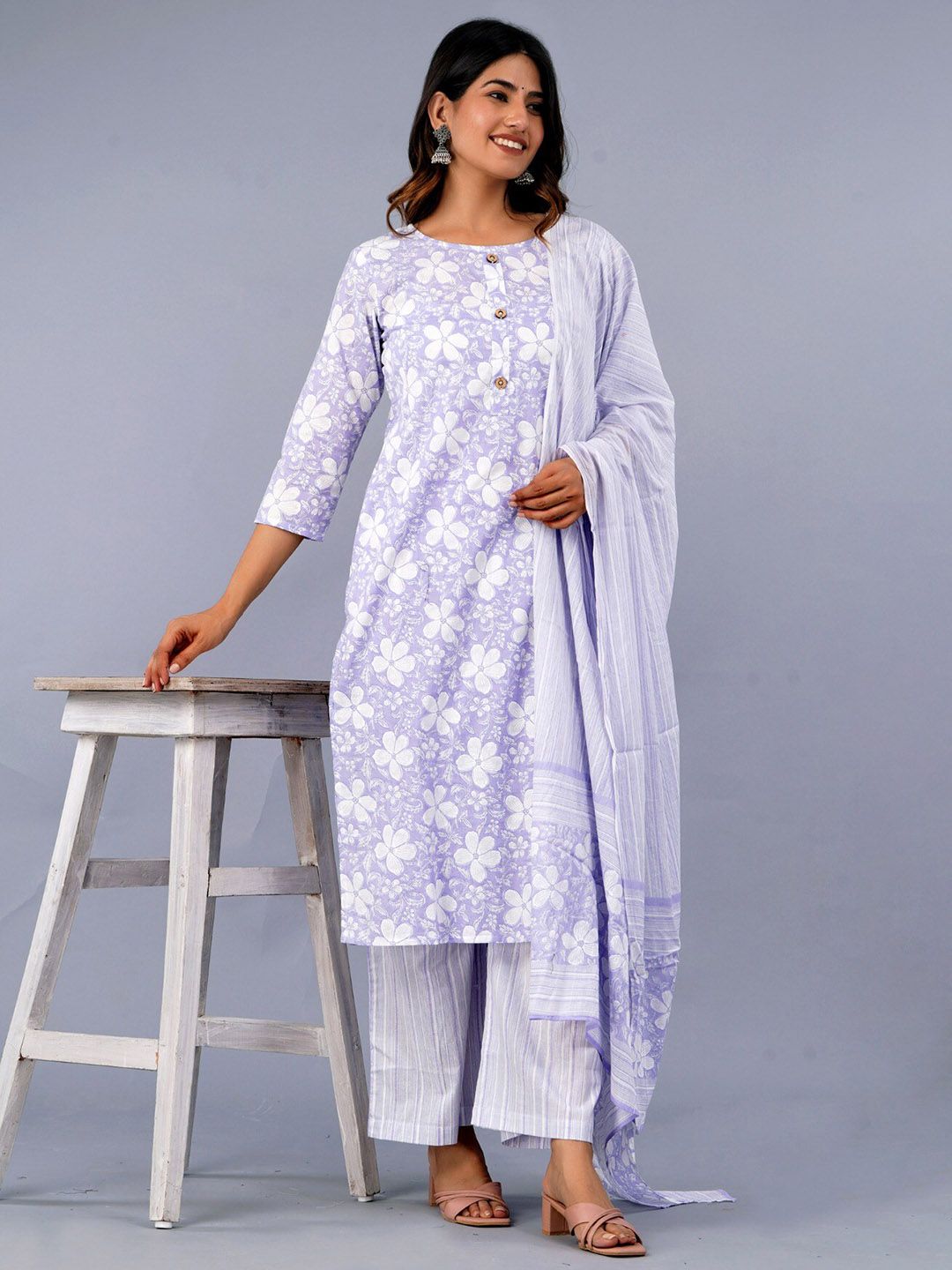 Dhiyona KL Floral Printed Pure Cotton Kurta With Palazzo & With Dupatta