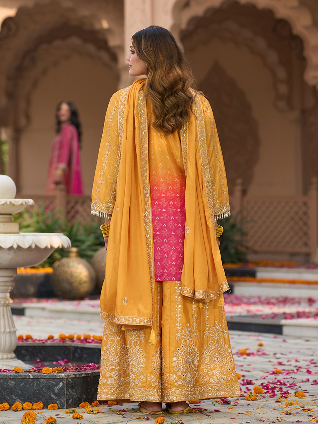 Dhiyona IE Floral Embroidered Zari Straight Kurta With Palazzos And Dupatta