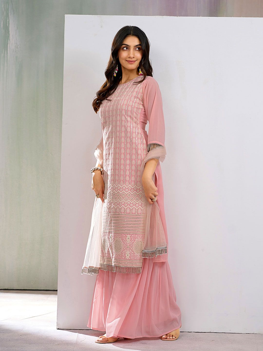 Dhiyona CH Women Floral Embroidered Kurta with Sharara & Dupatta