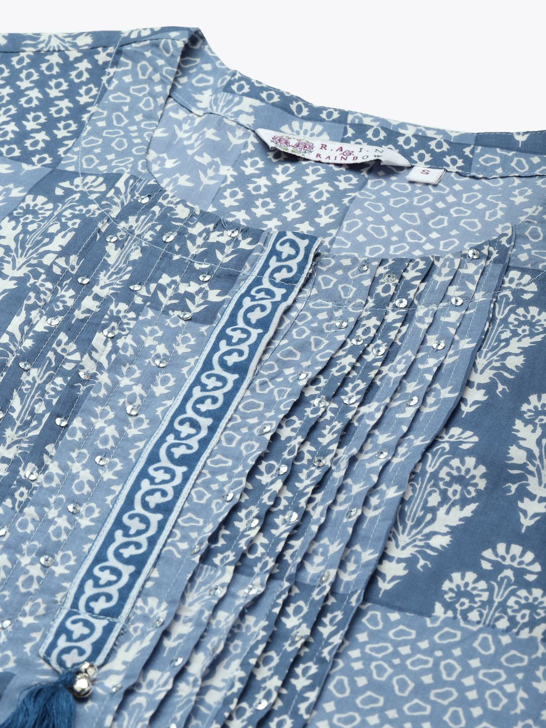 Dhiyona RR Women's Blue Printed Sequinned Pure Cotton Kurta with Trousers & With Dupatta