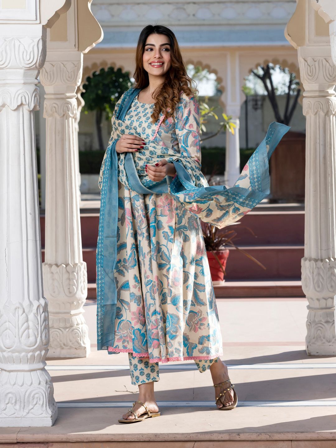 Dhiyona KL Floral Printed Round Neck Pure Cotton Anarkali Kurta with Trousers & Dupatta