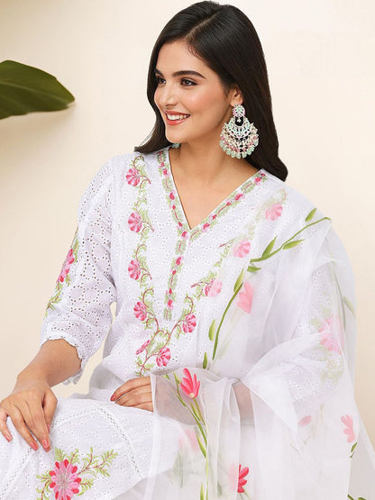 Dhiyona IS Women's Floral Embroidered Thread Work Pure Cotton Kurta with Trousers & Dupatta