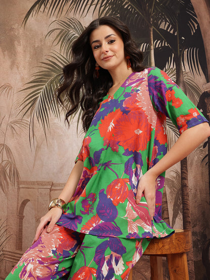Floral Printed Regular Pure Cotton Kurti with Palazzos