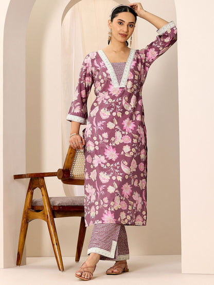 Floral Printed V-Neck Kurta With Trouser