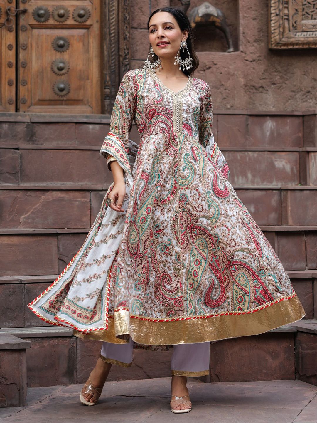 Dhiyona RR Women's Paisley Printed Gotta Patti Pure Cotton Kurta with Trousers & Dupatta