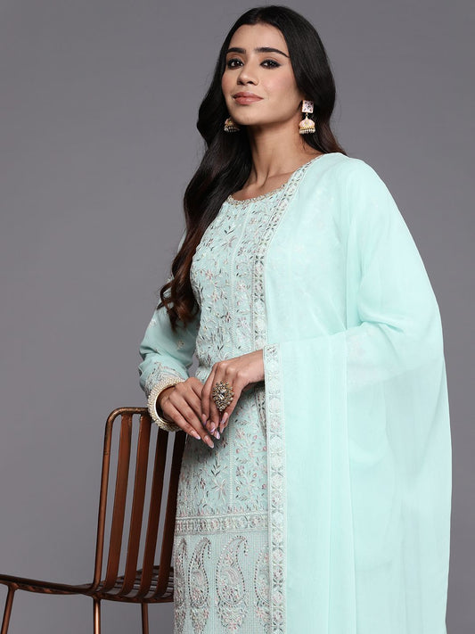 Dhiyona LL Women Floral Embroidered Regular Beads and Stones Kurta with Palazzos & Dupatta