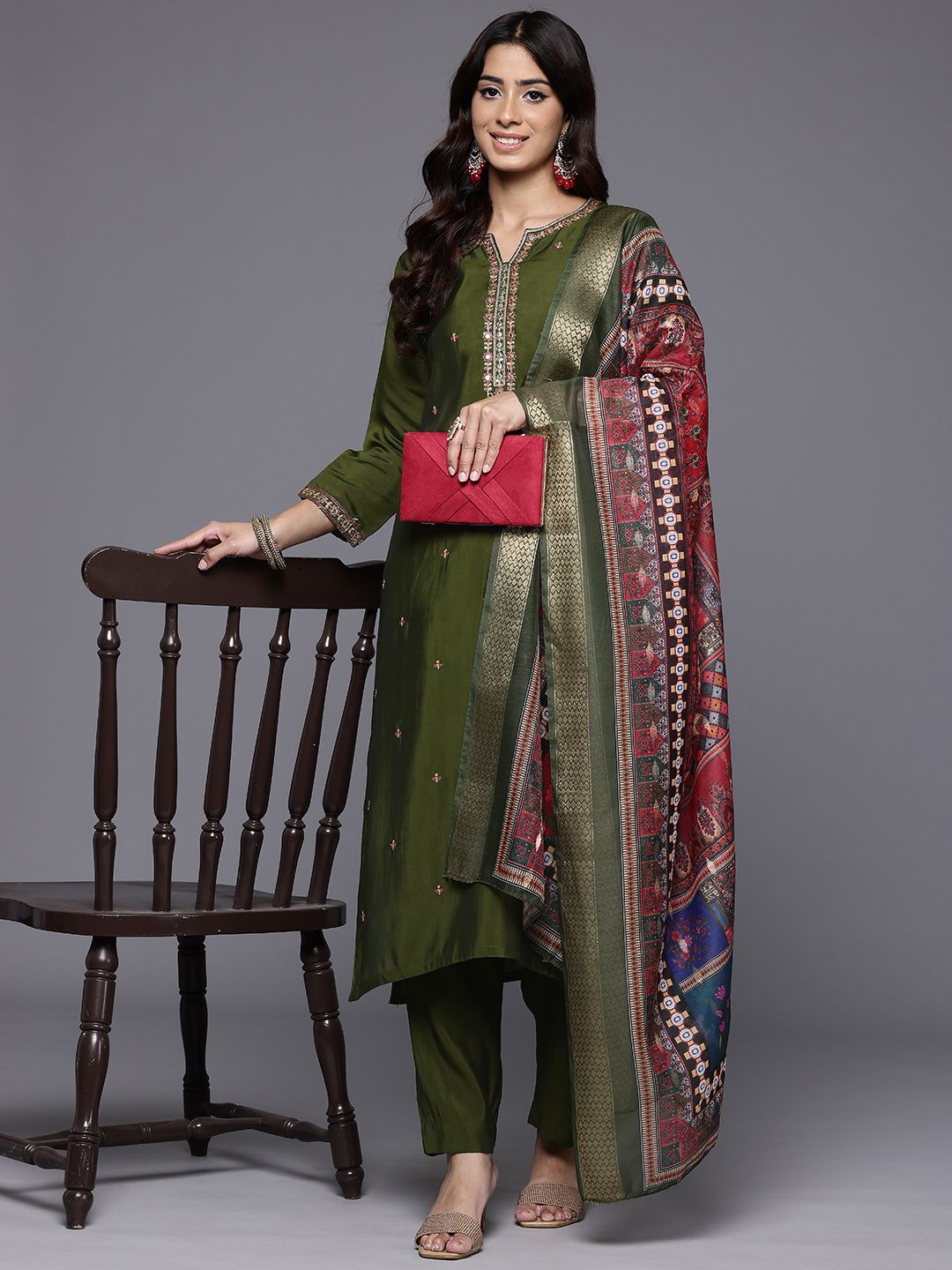 Olive Thread & Zari Embroidered Kurta with Trouser & Ethnic Printed Dupatta