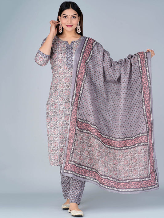 Dhiyona KL Notch Neck Floral Printed Pure Cotton Kurta with Trousers & Dupatta