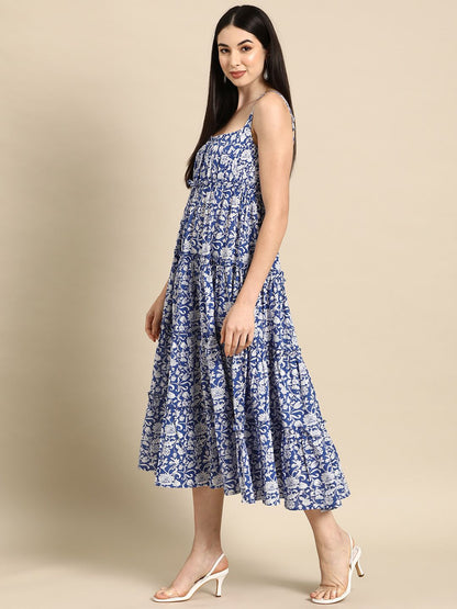 Dhiyona AY Women's Floral Print Pure Cotton Tiered Midi Ethnic Dress