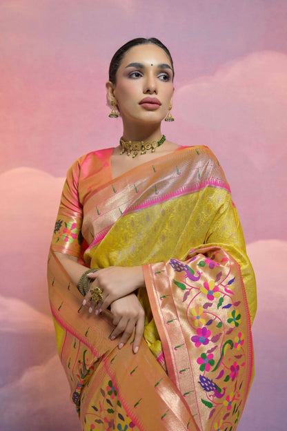 Women Paithani Vani Yellow Saree With Unstiched Blouse