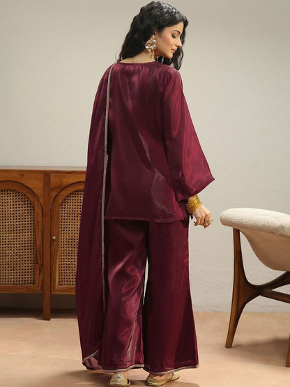 Libas Maroon Solid Tissue Palazzo Suit Set