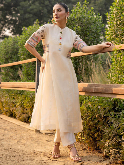 Ethnic Motifs Yoke Design Mandarin Collar Pure Cotton A-Line Kurta With Trousers
