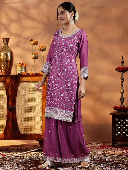 Women Floral Embroidered Regular Sequinned Kurta with Palazzos & With Dupatta