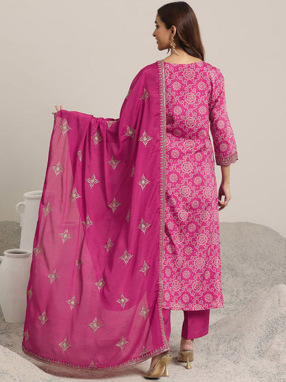 Women Bandhani Printed Regular Sequinned Kurta with Trousers & With Dupatta