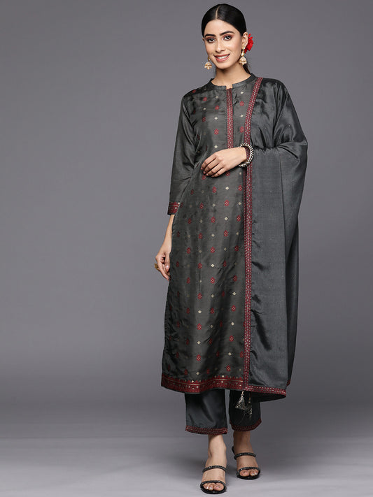 Women Charcoal Floral Kurta with Trousers & With Dupatta