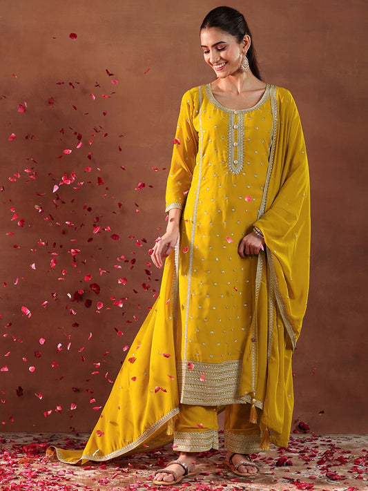 Dhiyona LL Ethnic Motifs Embroidered Sequinned Georgette Straight Kurta with Palazzos & Dupatta