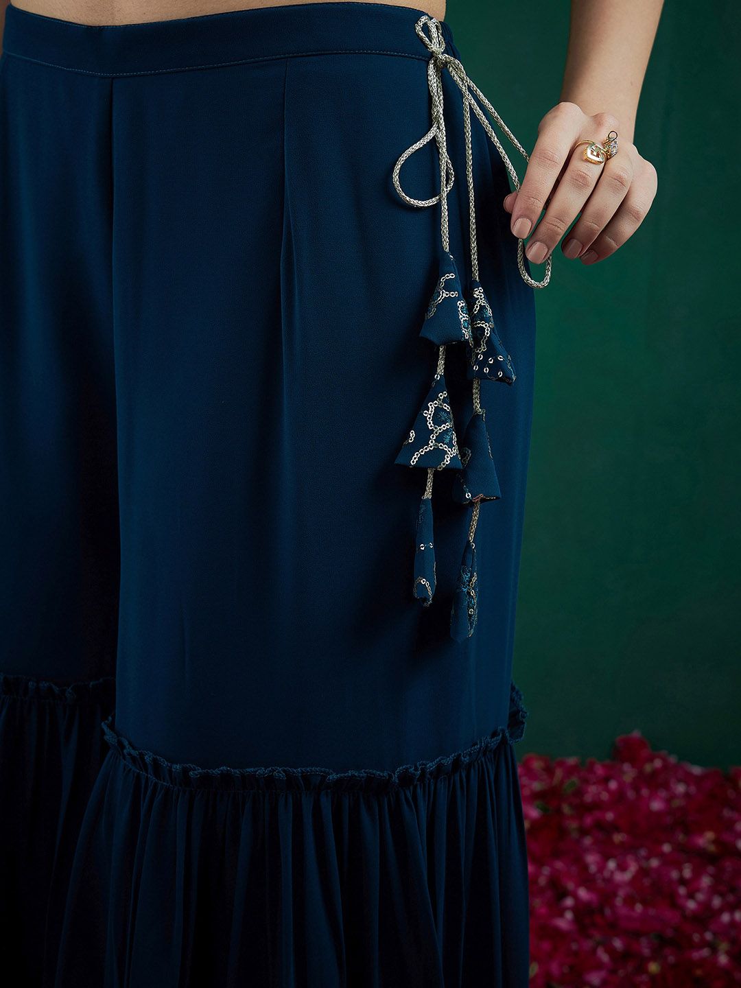 Dhiyona IE Floral Embroidered Regular Sequinned Kurta With Sharara & Dupatta