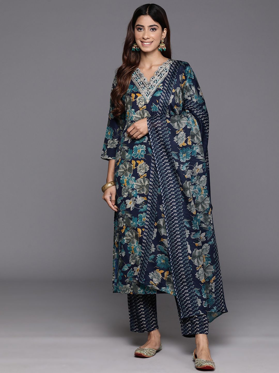Blue Floral Printed Zari Embroidered Kurta with Trouser & Dupatta