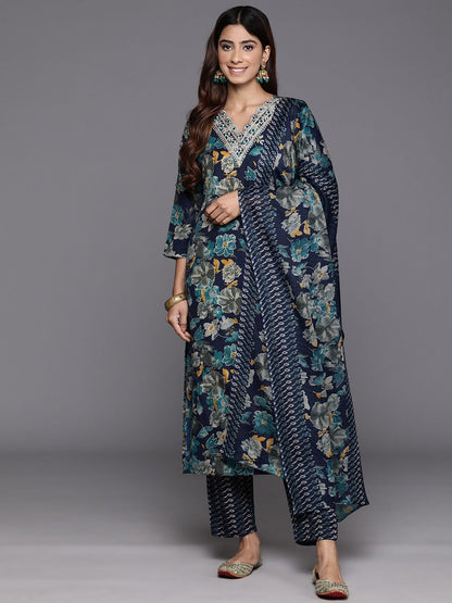 Blue Floral Printed Zari Embroidered Kurta with Trouser & Dupatta