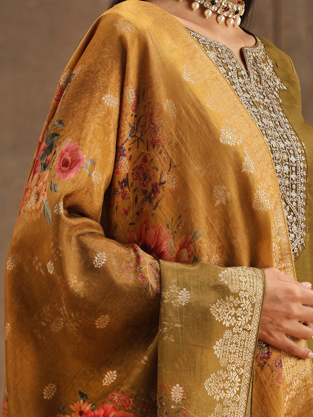 Olive Floral Embroidered Pure Silk Kurta With Trousers & Dupatta