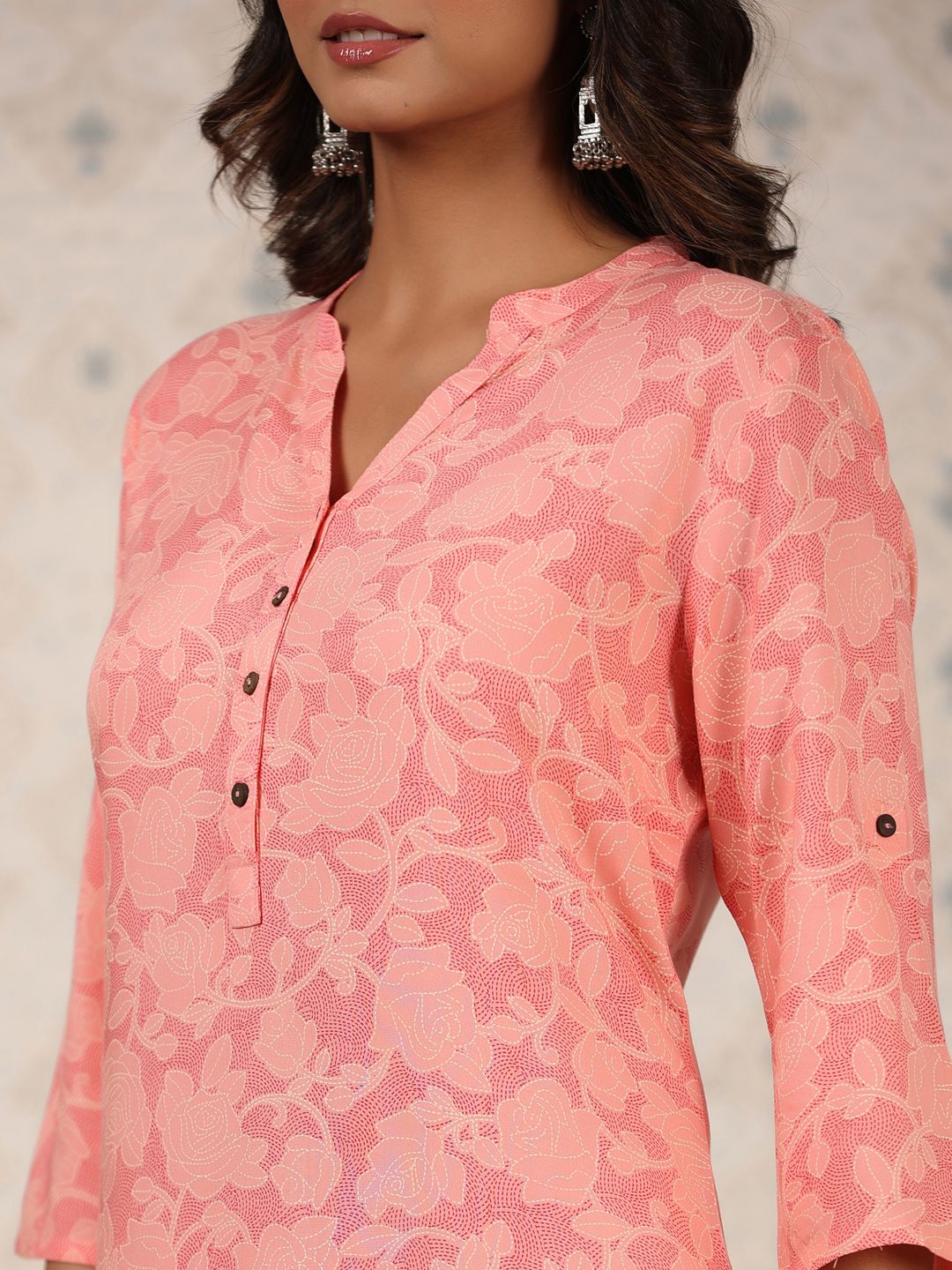 Dhiyona OD  Coral & White Floral Printed Mandarin Collar Kurta With Palazzos