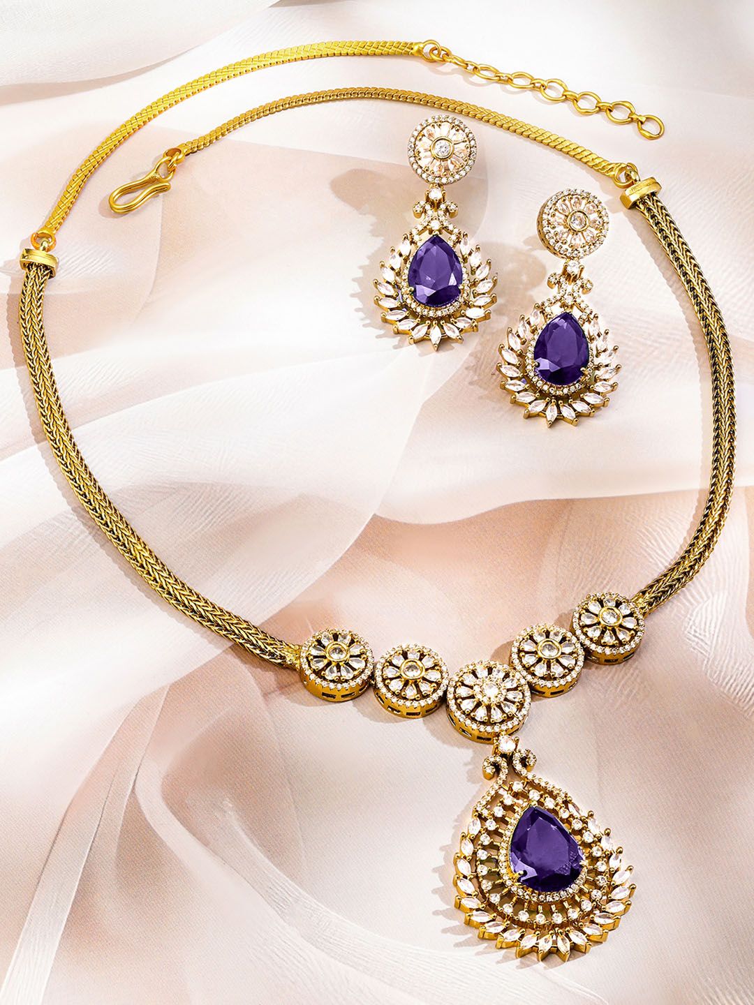 Dhiyona RJ Women's 22K Gold-Plated Blue Sapphire & White Cubic Zirconia Studded Floral Necklace Set