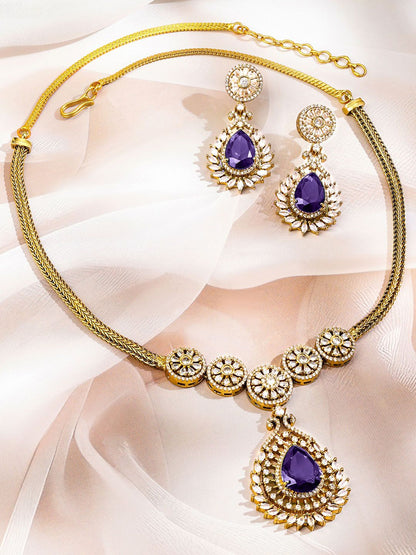 Dhiyona RJ Women's 22K Gold-Plated Blue Sapphire & White Cubic Zirconia Studded Floral Necklace Set